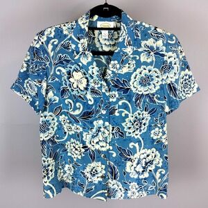 Vintage Talbots Silk Floral Button Down Shirt Womens Blue Short Sleeve 6